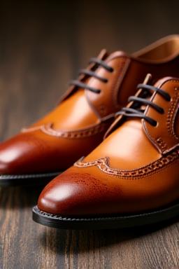Handcrafted men's tan leather brogues, polished to a shine on a wooden surface.