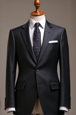 Classic men's charcoal suit with a crisp white shirt and a silk tie, elegantly styled.