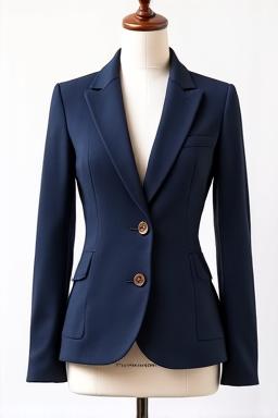 Stylish women's tailored navy blazer, perfectly fitted, on a clothes hanger.