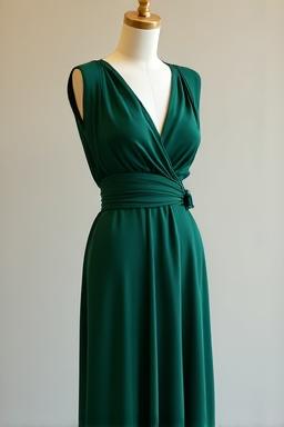 Elegant women's flowing silk dress in a deep forest green, on a mannequin.