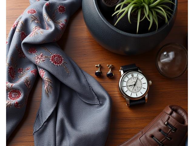 Sophisticated fashion accessories like a silk scarf and cufflinks, symbolizing accessories.