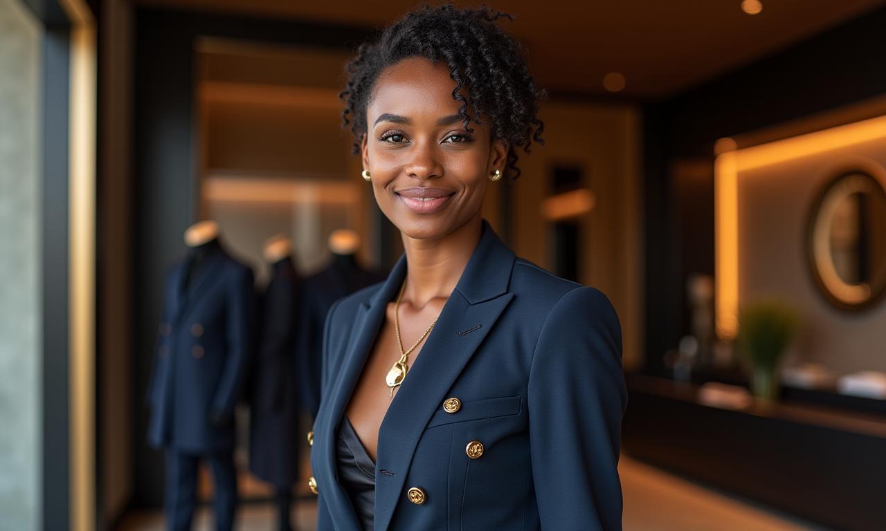 Elegant model wearing a signature piece from Loom & Thread Emporium's collection inside a stylish boutique.