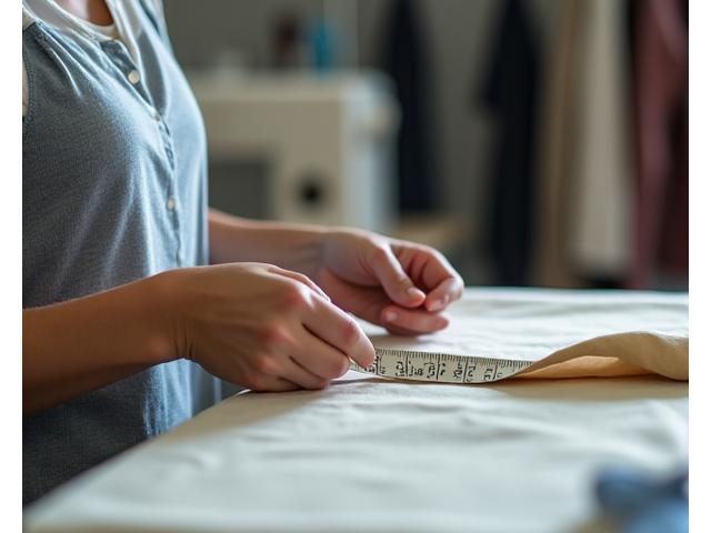 A skilled tailor precisely measuring fabric in a well-lit workshop.