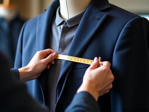 Tailor meticulously measuring a suit on a mannequin