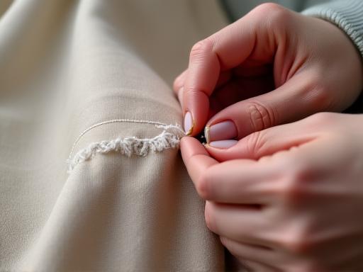 Hands darning a tear in a piece of fabric, promoting sustainability
